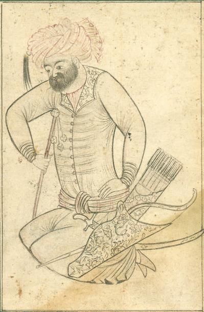 null L'homme au carquois Dessin à l'encre noire rehaussé de rouge, représentant un...