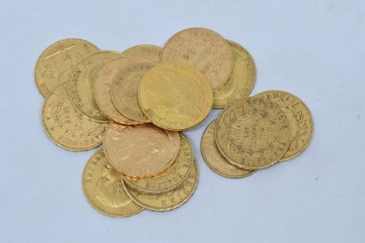 Lot de 15 pièces de 20 francs en or et 2...