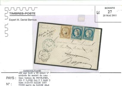 CAMBODGE Lettre à 50 c. N°11 et 2 x N°12 (2 timbres 2ème choix) losange C.C.H. avant...