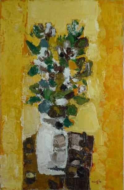 DAUFIN Jacques, né en 1930 Bouquet fond jaune Huile sur toile, signée en bas à droite....