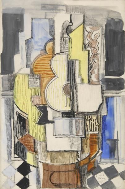 DE LA SERNA Ismaël, 1897-1968 Intérieur cubiste à la guitare, 1927 Technique mixte...