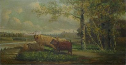 ÉCOLE FRANÇAISE XIXe siècle Moutons près des arbres Huile sur toile (accidents),...