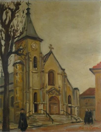 EVEN Pierre, XXe siècle L'église de Saint-Etienne d'Issy Huile sur carton, signé...