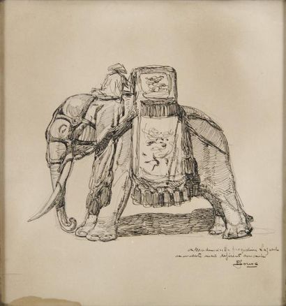 JOUVE Paul, 1878-1973 Éléphant Plume et encre noire sur papier beige (rousseurs),...