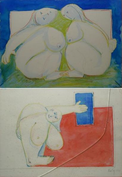KARIM, XXe siècle Modèle à la fenêtre Deux baigneuses, 1990 Deux aquarelles et crayons...