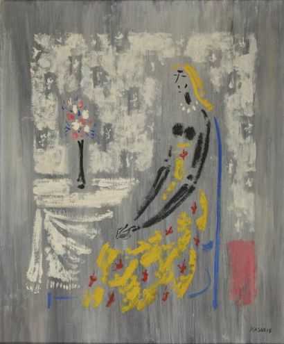 KASIULIS Vytautas, 1918-1995 Blonde au bouquet Huile sur toile, signée en bas à droite,...