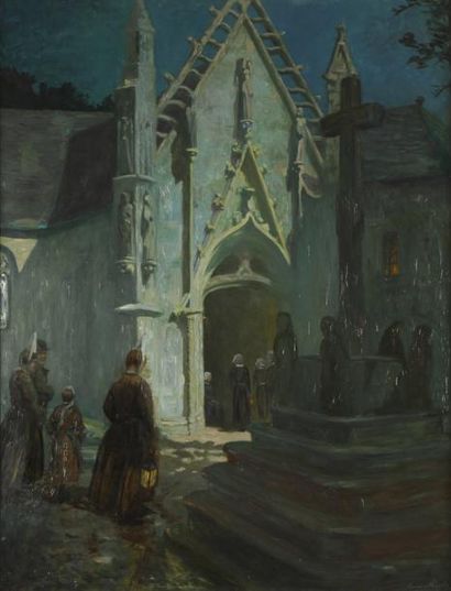 MASSIN Louis, XIX-XXe siècles Bretagne, la messe du soir, 1935 Huile sur toile, signée...