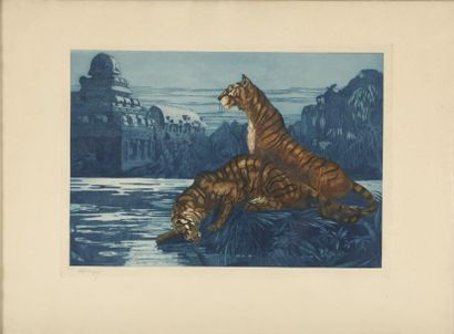 DE BECQUE Maurice, 1878-1938 Tigre près du temple Eau-forte en couleurs n°12/200,...