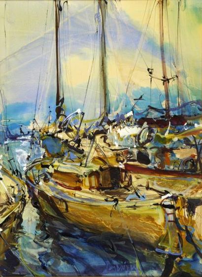PAMBOUJIAN Gérard, né en 1941 Le port Peinture sur papier marouflé sur panneau, signé...