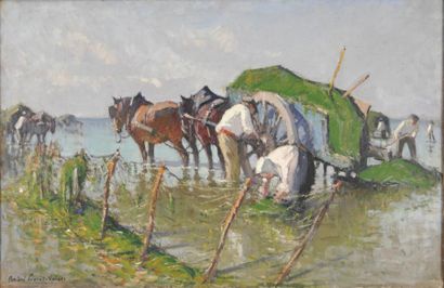 PRÉVOT-VALERI André, 1890-1959 Ramasseurs de varech Huile sur toile, signée en bas...