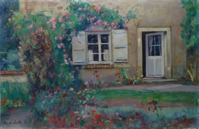 RENÉ-JUSTE René, 1868-1954 Maison au rosier grimpant Huile sur toile, signée en bas...