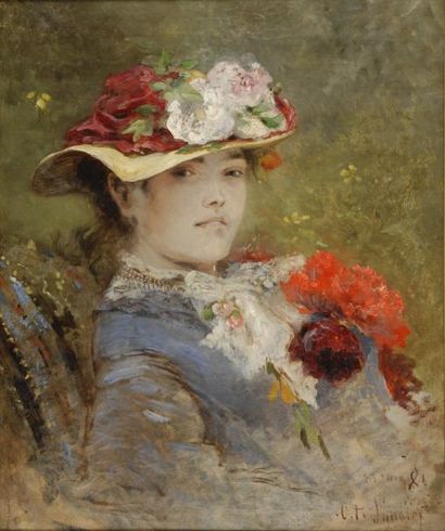 SAUNIER Octave Alfred, 1842 / 1843-1887 Promeneuse aux fleurs, 23 juin 1881 Huile...