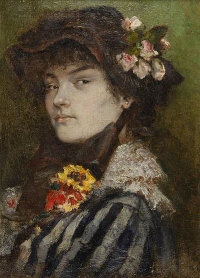 SAUNIER Octave Alfred, 1842 / 1843-1887 Jeune femme aux fleurs Huile sur toile (craquelures...