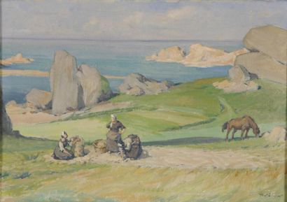 SOLLIER Henri, 1886-1966 Bretonnes au bord de mer Huile sur toile (petits accidents),...