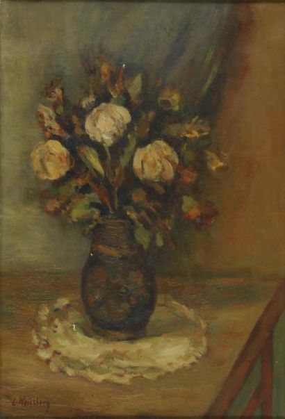 WEISSBERG Léon, 1894-1943 Bouquet au napperon Huile sur toile (petits manques), signée...