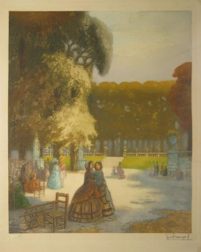 FRANÇOIS Georges, 1880-1968 Elégantes au parc du Luxembourg Aquatinte en couleurs,...