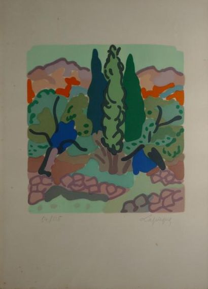 LAPICQUE Charles, 1898-1988 Les trois cyprès Lithographie en couleurs (rousseurs)...