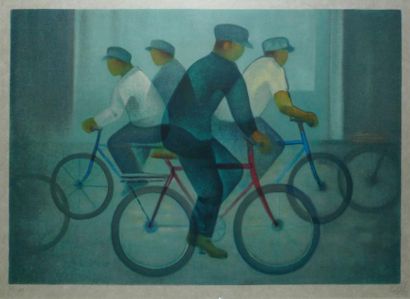 null Cyclistes en Chine Lithographie en couleurs sur Japon, n° 47 / 150, signé en...