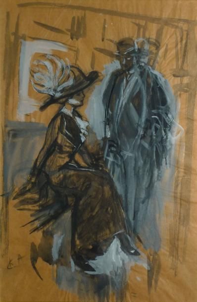 ATAMIAN Charles, 1872-1947 Élégante et homme debout Lavis de gouache noire et blanche...