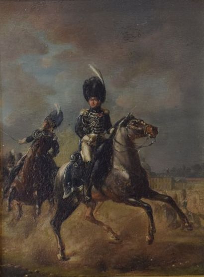 null Ecole française du XIXème siècle. Officier de cavalerie en manoeuvre, huile...