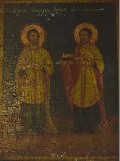 null Saint Côme et Damien (Saints Médecins) 

Grèce Datée 1866 

Peint sur bois Début...