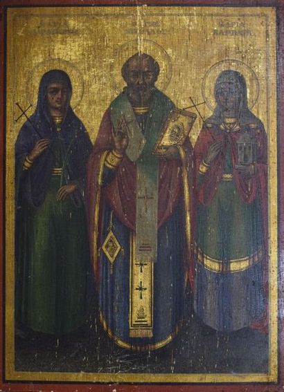 null Icône figurant Saint Nicolas entouré des saintes Parascève et Barbara. 

Grèce...