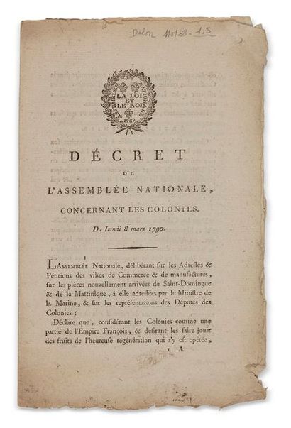 null DÉCRET de l’Assemblée nationale, concernant les colonies. Du Lundi 8 mars 1790....