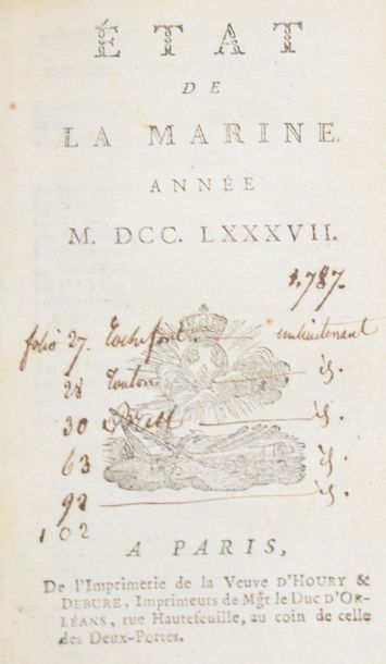 null ÉTAT DE LA MARINE, année 1787. — ALMANACH DES COLONIES, année 1787. Paris, De...