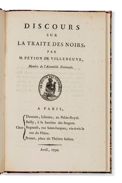 null PÉTION DE VILLENEUVE. Discours sur la traite des Noirs. Paris, Desenne, Bailly,...