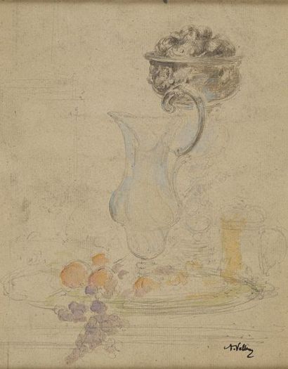 null VOLLON Antoine, 1833-1900

Aiguière et fruits

aquarelle et mine de plomb (salissures)

cachet...