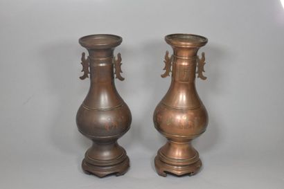 null INDOCHINE - Vers 1900
Paire de vases balustres à deux anses sur socle en bronze...