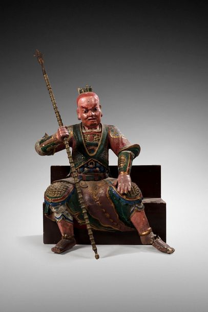 null CHINE - XVIIIe/XIXe siècle
Statue de Yang Jian en bois laqué polychrome, assis,...