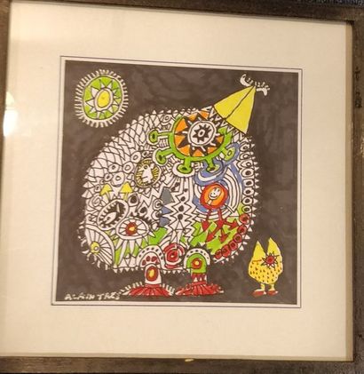  TREZ Alain, né en 1929, 
Oiseau, 
encres de couleurs et peinture sur papier, signé...