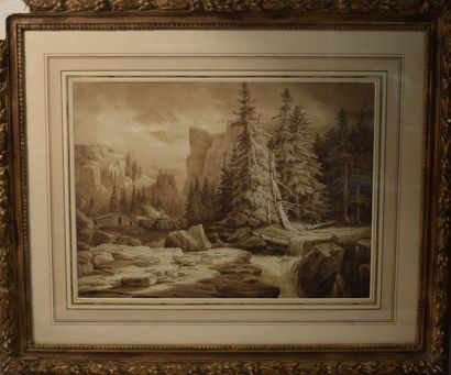  ECOLE SUISSE du XIXe siècle 
 
1 - Paysage des Alpes avec des forestiers 
Crayon...