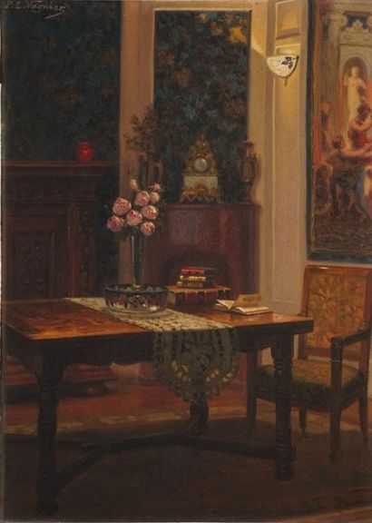  VAGNIER Prosper Louis, XIXe-XXe siècle 
Intérieur à la table de lecture 
huile sur...