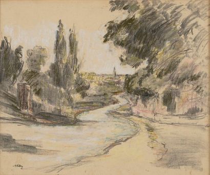  VOLLON Antoine, 1833-1900 
Rivière et arbres 
pastel et lavis sur papier à grain...