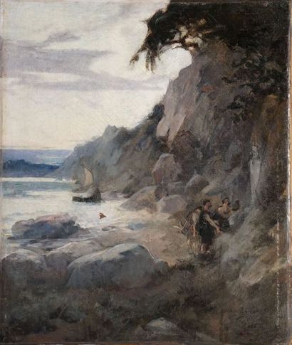 null ÉCOLE FRANÇAISE, fin XIXe siècle

Marins faisant une offrande sur une plage

huile...