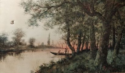 null GOURDON René, né en 1885, 

Pêcheurs en bord de rivière le soir, 

huile sur...