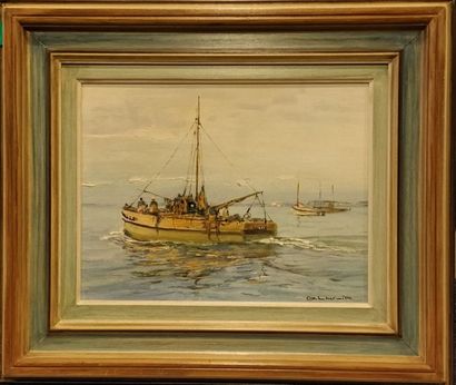 null LHERMITTE Georges, 1882-1967, 

Le départ des pêcheurs, 

huile sur carton marouflé...