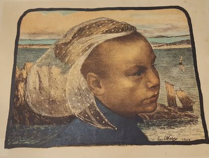 null Lot comprenant : 

WERY Émile Auguste (1868-1935)

Bretonne devant la mer

Lithographie...