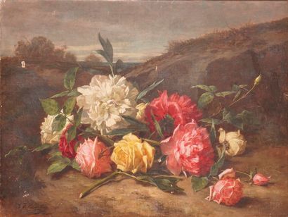null CHANTRON Alexandre Jacques, 1842-1918, 

Jeté de roses au paysage, 1875, 

huile...