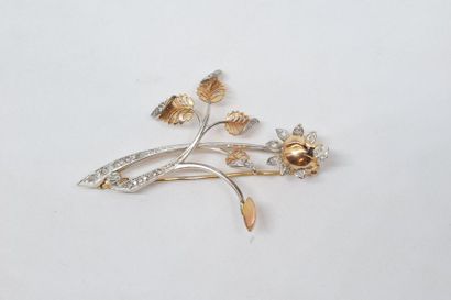 null Broche végétale en or jaune et gris 18k (750) stylisant une fleur ornée de diamants.

Poids...