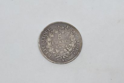  Directoire (1795-1799) cinq Francs. Union et Force. An 4. Paris. G 563. TB à TTB...