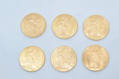 null Lot composé de 6 pièces en or de 20 Francs au Coq. 1911 (x4) et 1910 (x2). 

TTB...