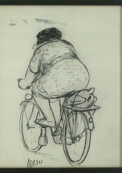 TETSU Roger Illustration représentant une femme à bicyclette. Technique mixte. Signé...