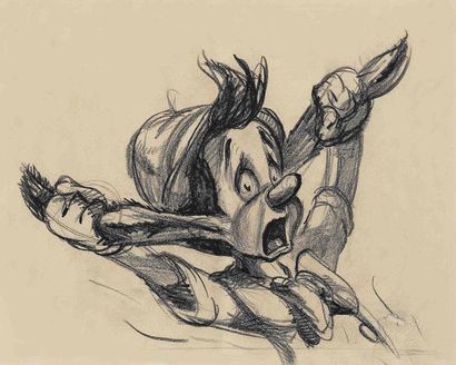 null PINOCCHIO - Studio Disney, 1940. Dessin de storyboard de Pinocchio tenant ses...