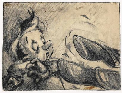 null PINOCCHIO - Studio Disney, 1940. Dessin de storyboard de Pinocchio effrayé....