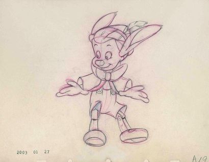 null PINOCCHIO - Studio Disney, 1940. Dessin d'animation de Milt Kahl. 24,5 x 30...