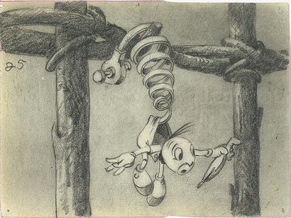 null PINOCCHIO - Studio Disney, 1940. Dessin de storyboard de Jiminy attaché au ressort....