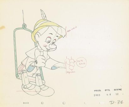 null PINOCCHIO - Studio Disney, 1940. Dessin d'animation de Pinocchio dans sa cage....